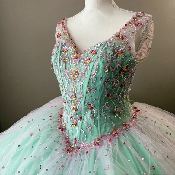 Elegant Mint Green Pink Quinceanera dress Gown (Petticoat not included)